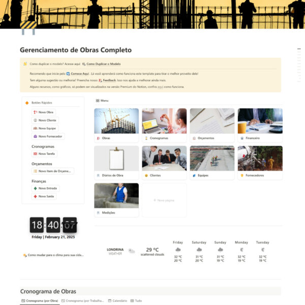 Imagem principal do modelo Notion de Gerenciamento de Obras Completo