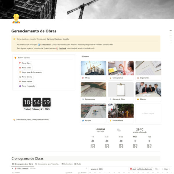 Imagem principal do modelo Notion de Gerenciamento de Obras Padrão