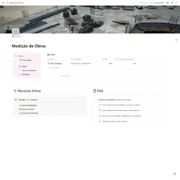 Imagem principal do modelo Notion de Medição de Obras